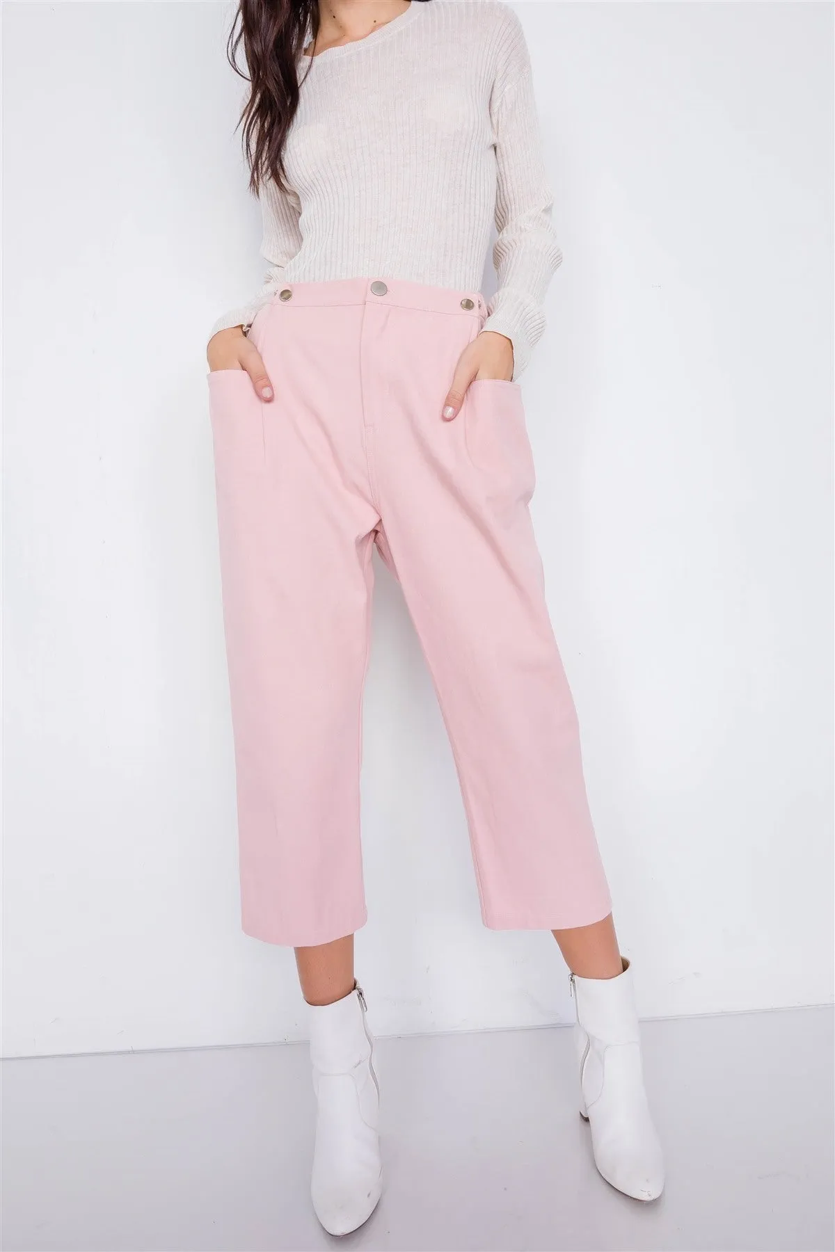 Pastel Chic Solid Ankle Wide Leg Adjustable Snap Waist Pants