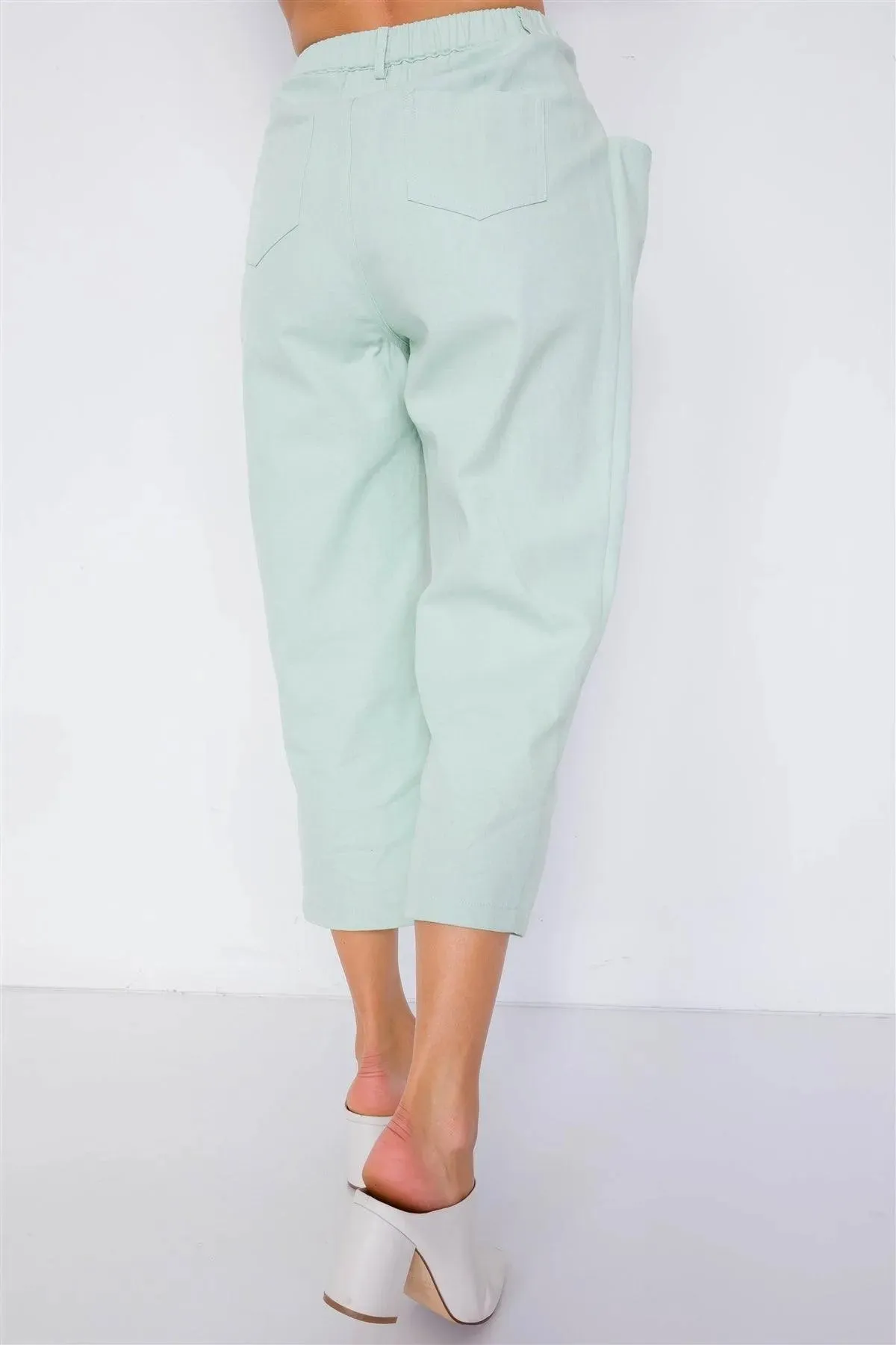 Pastel Sage Chic Solid Ankle Wide Leg Adjustable Snap Waist Pants /3-2-1