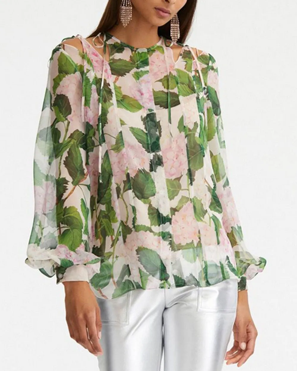 Pink Hydrangea Tie Neck Blouse