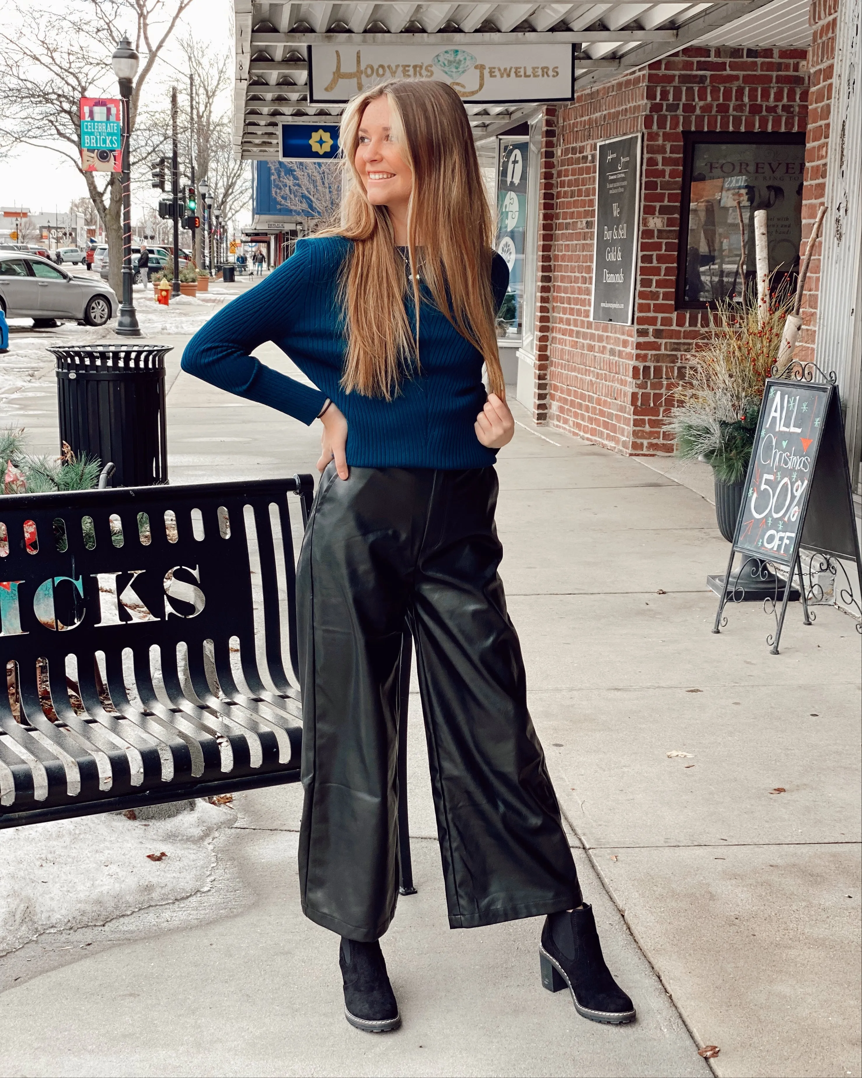 Pleather Wide Leg Gaucho Pants w/Snap Waist