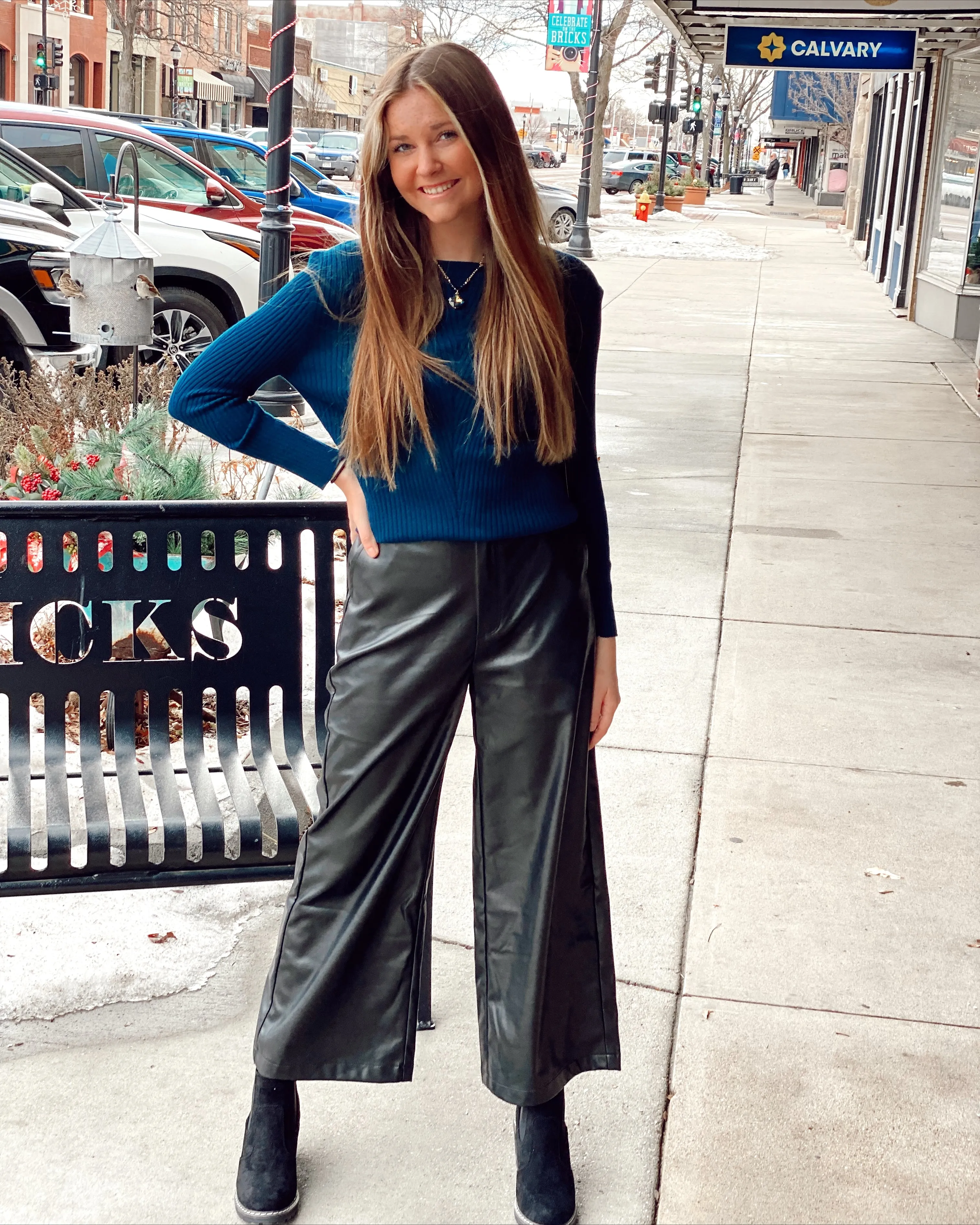 Pleather Wide Leg Gaucho Pants w/Snap Waist