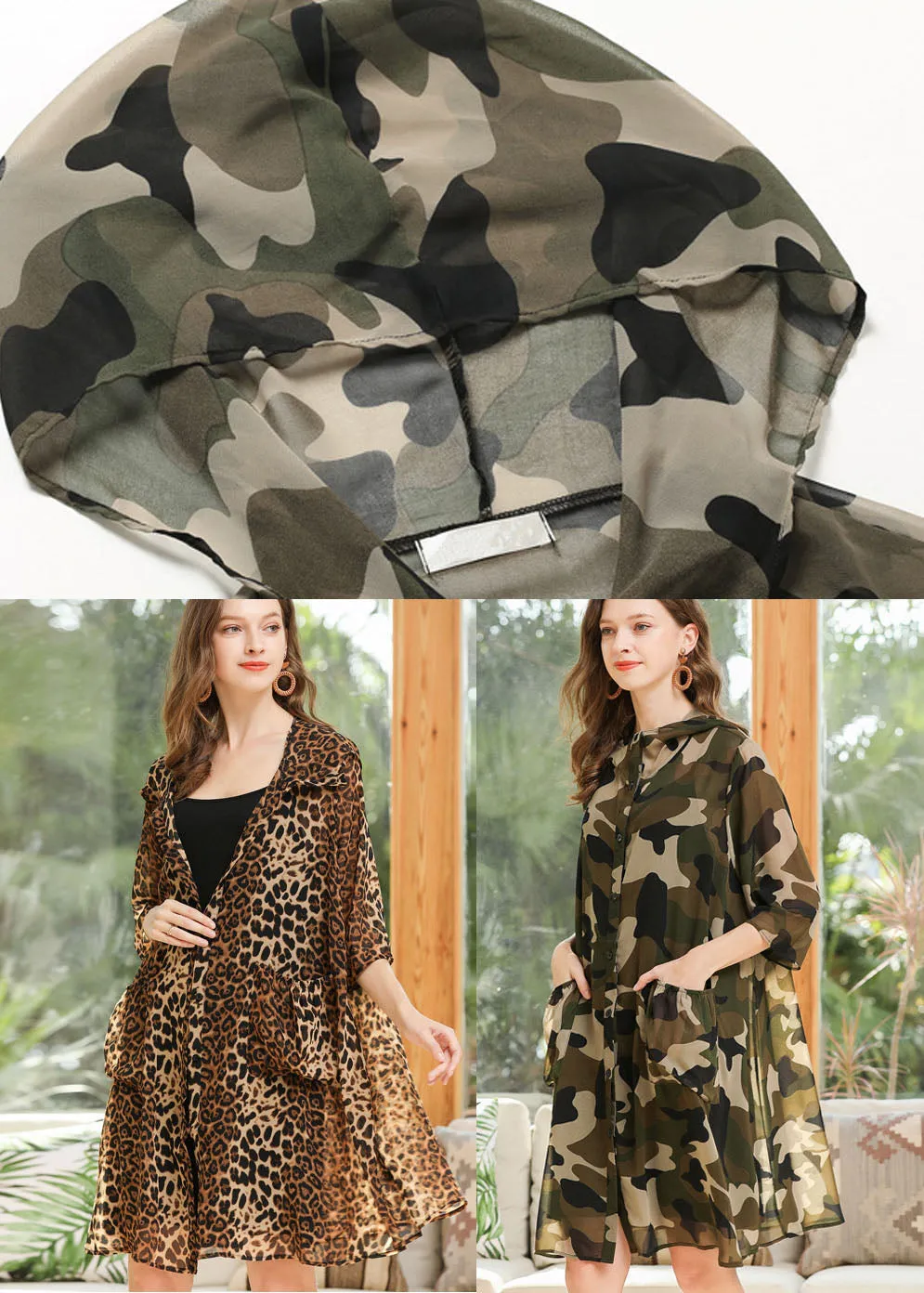 Plus Size Camouflage Hooded Print Chiffon Cardigan Summer LY0252