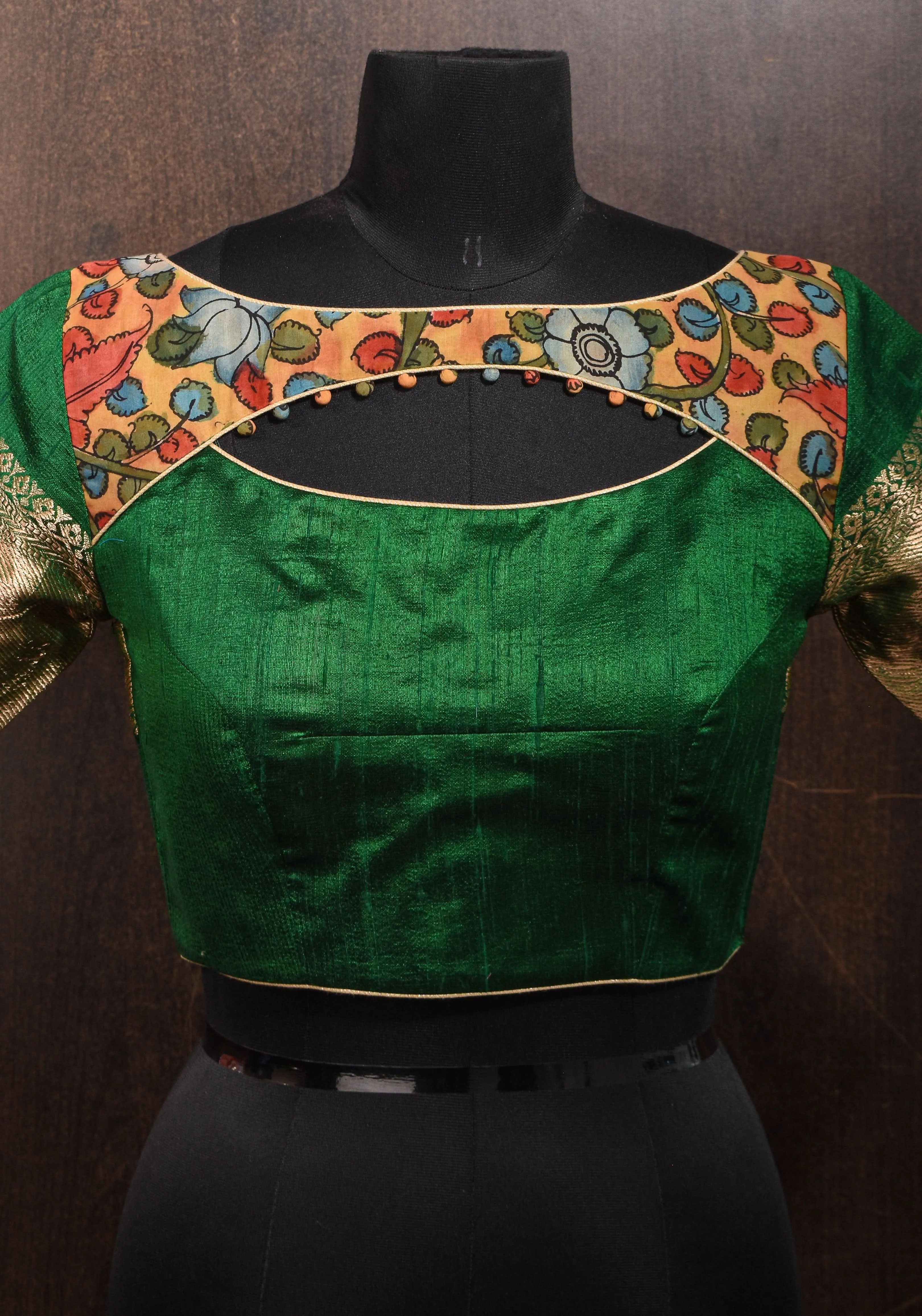 Pure Raw Silk Blouse in Emerlad Green with Kalamkari Yoke Cutout pattern