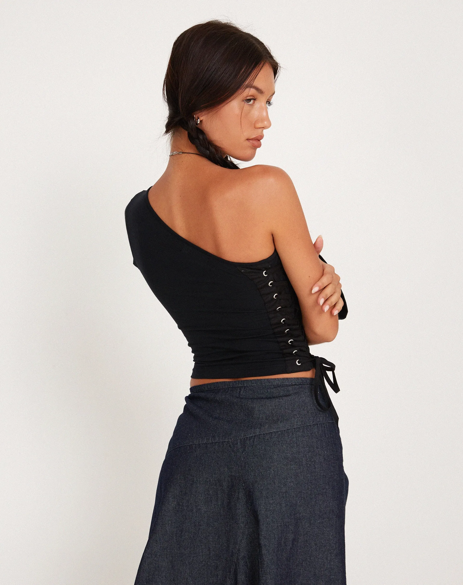 Quinley One Shoulder Top in Black