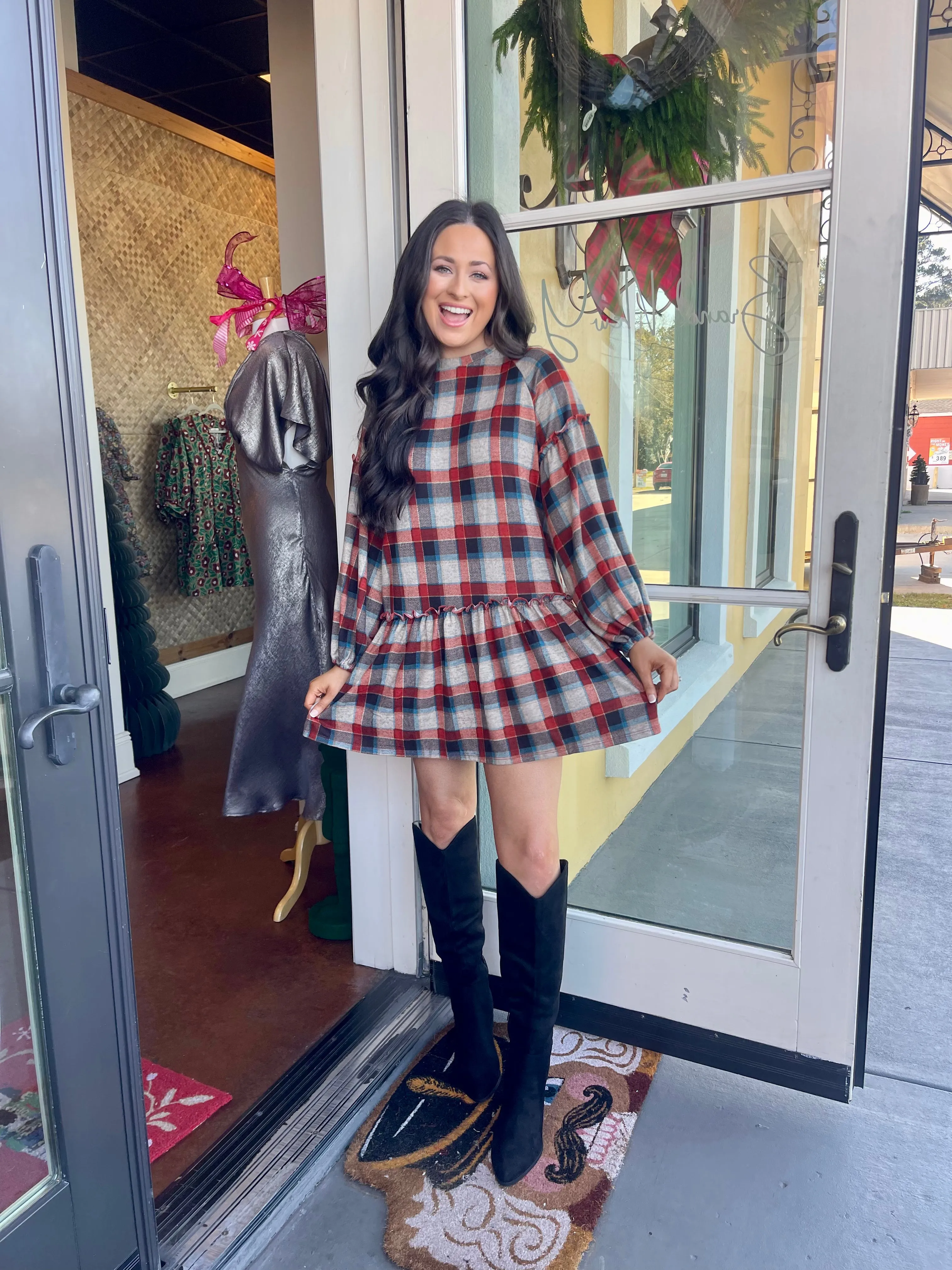 Red Plaid Babydoll Tunic Dress