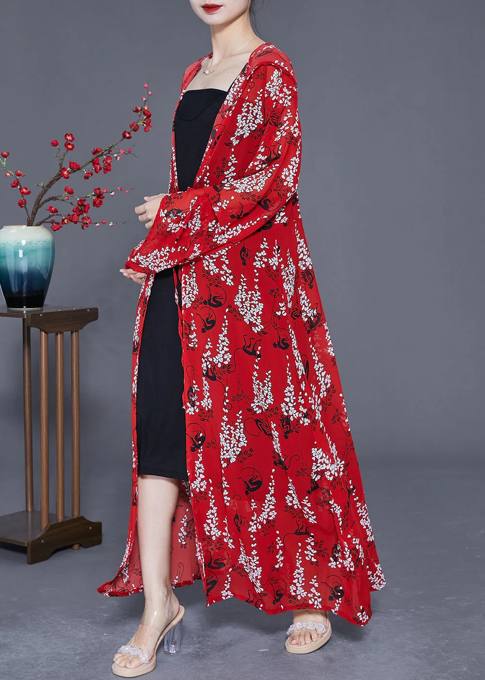 Red Print Chiffon Long Cardigan Hooded Tie Waist Summer