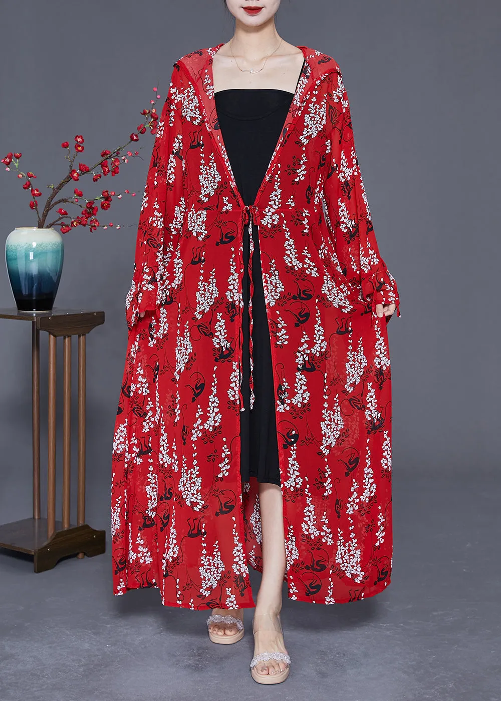 Red Print Chiffon Long Cardigan Hooded Tie Waist Summer