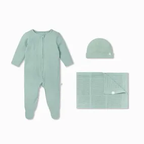 Ribbed Clever Zip Baby Pajamas, Hat & Blanket Set