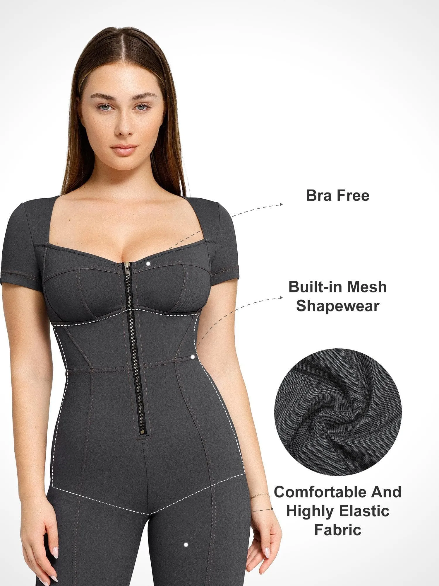 Shapewear Denim Short Sleeve Zip Front Butt Lift Jumpsuit