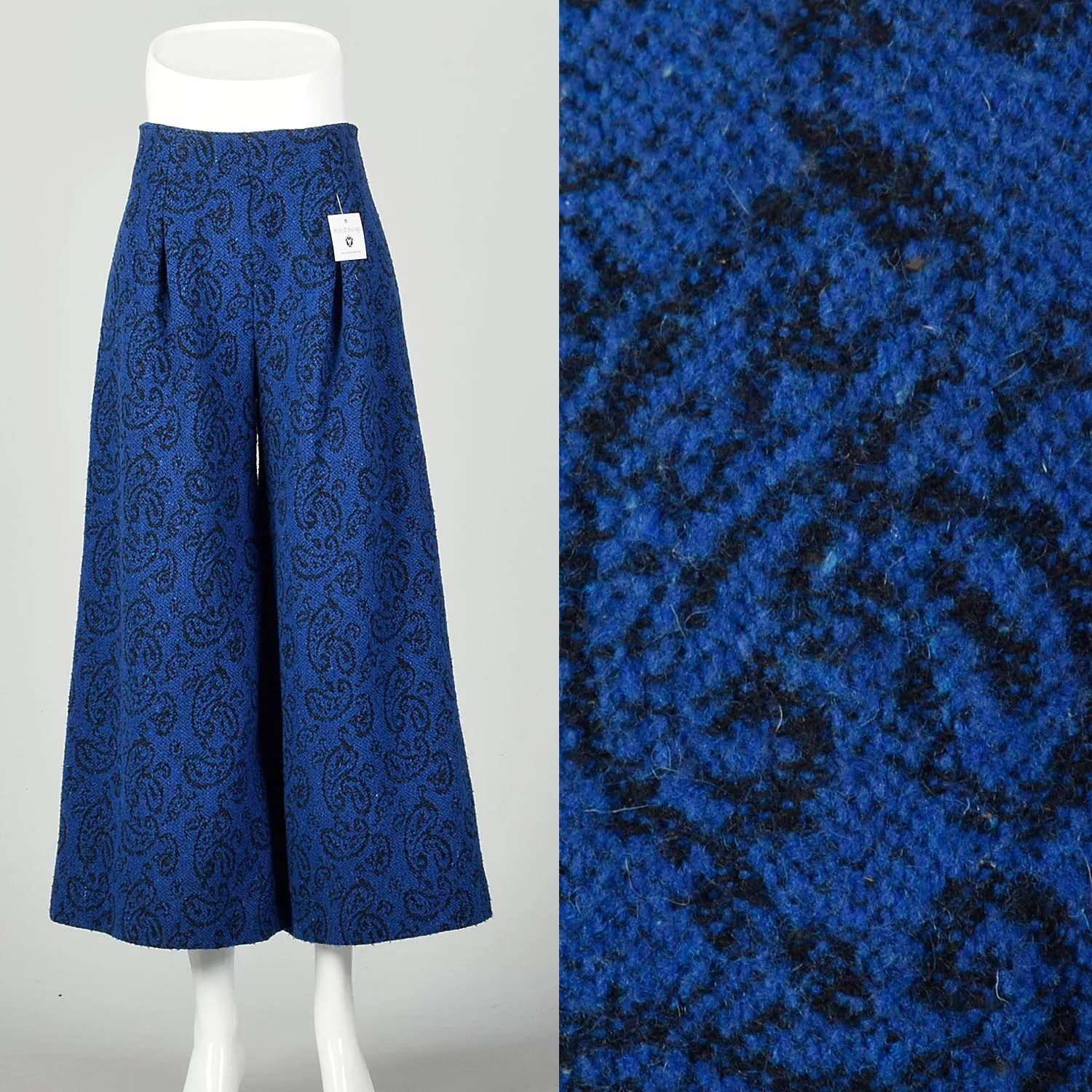 Small 1970s Blue Gaucho Pants Black Paisley Pleated Cropped Wide Leg