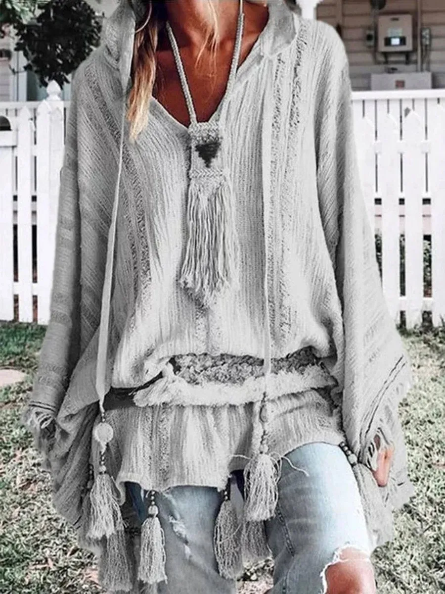 Solid Color Cutout Long Sleeve Casual Blouses Tops