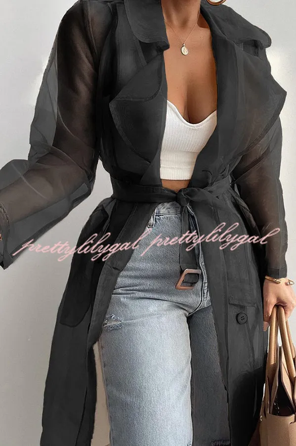 Solid Color Patchwork Button Belt Pocket Long Sleeve Coat