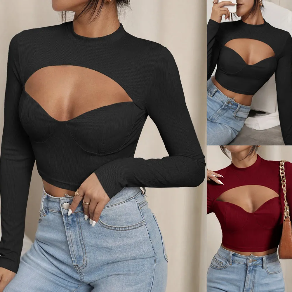 Solid Color Tight Cutout Turtleneck Long Sleeves Crop Tops Wholesale Women'S Top