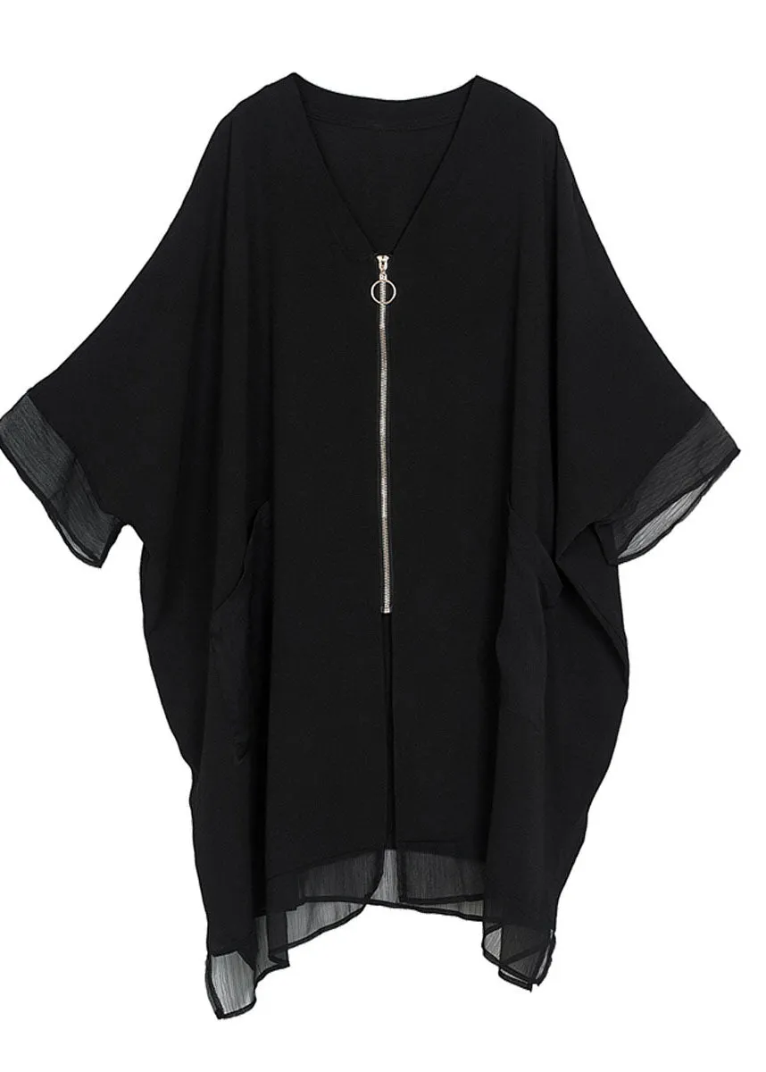 Style Black Oversized Zip Up Pockets Chiffon Coat Batwing Sleeve