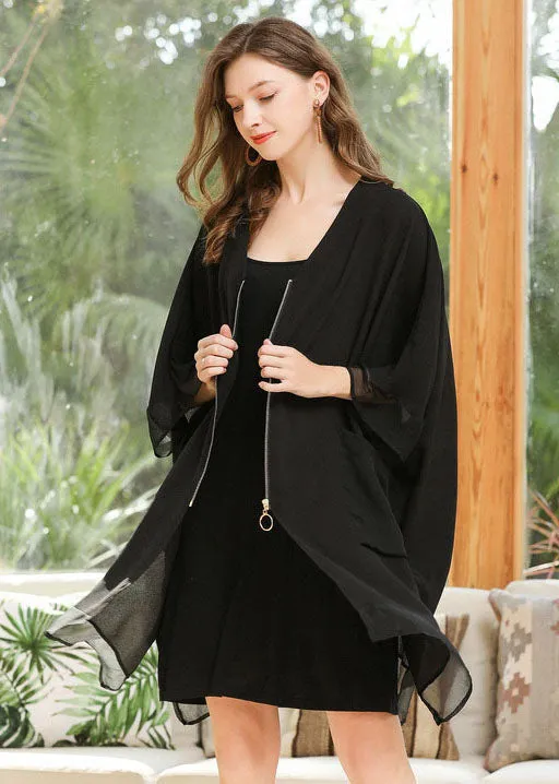 Style Black Oversized Zip Up Pockets Chiffon Coat Batwing Sleeve