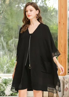 Style Black Oversized Zip Up Pockets Chiffon Coat Batwing Sleeve