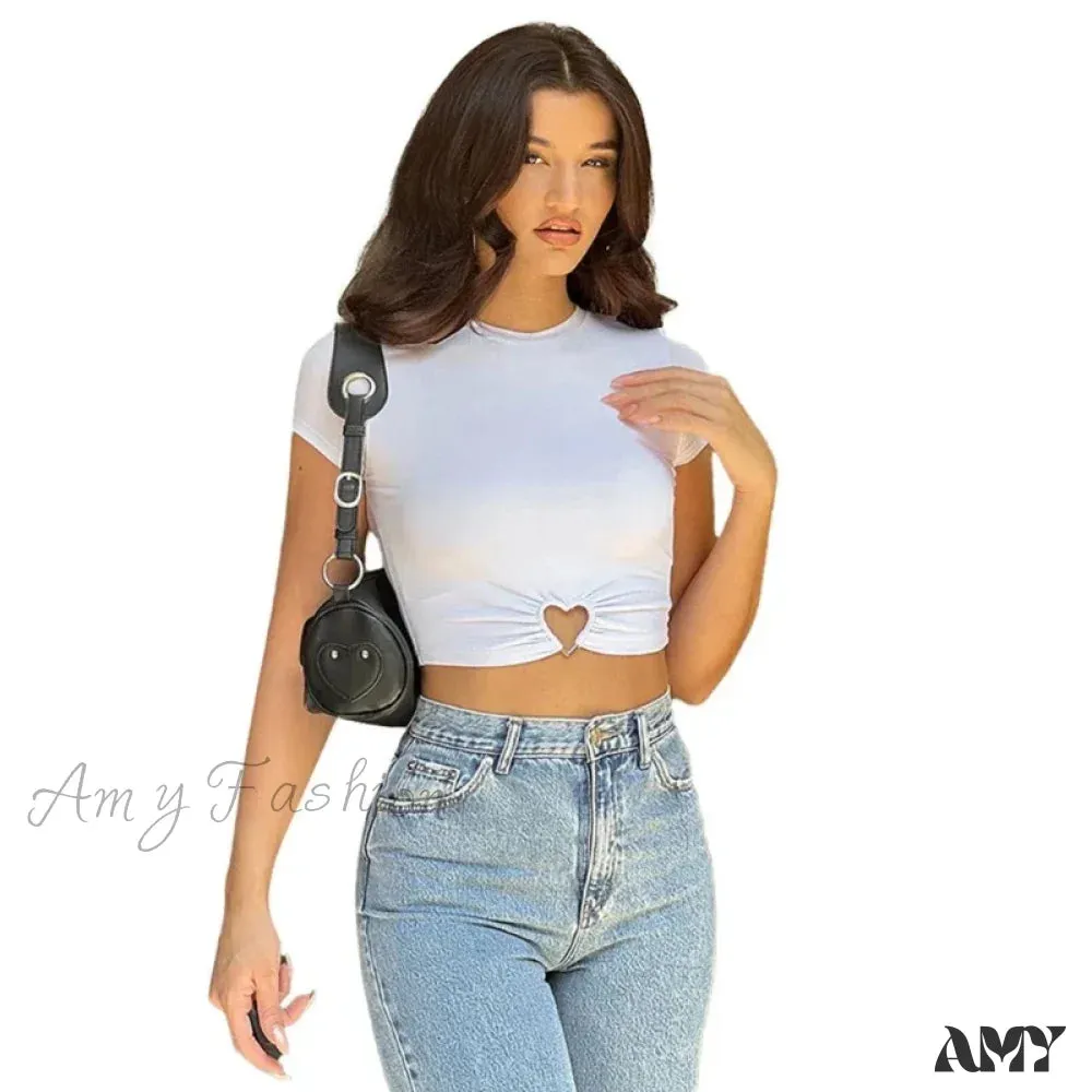 Summer Heart Rings Cutout Short Sleeve Blouses Crop Top