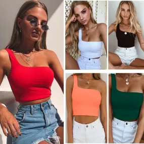 Summer One-shoulder Vest Crop Top Sleeveless T-Shirt Tank Tops Women Clothing