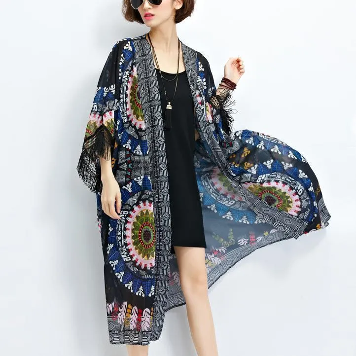 sundress new black prints chiffon cardigans plus size tassel half sleeve summer outwear