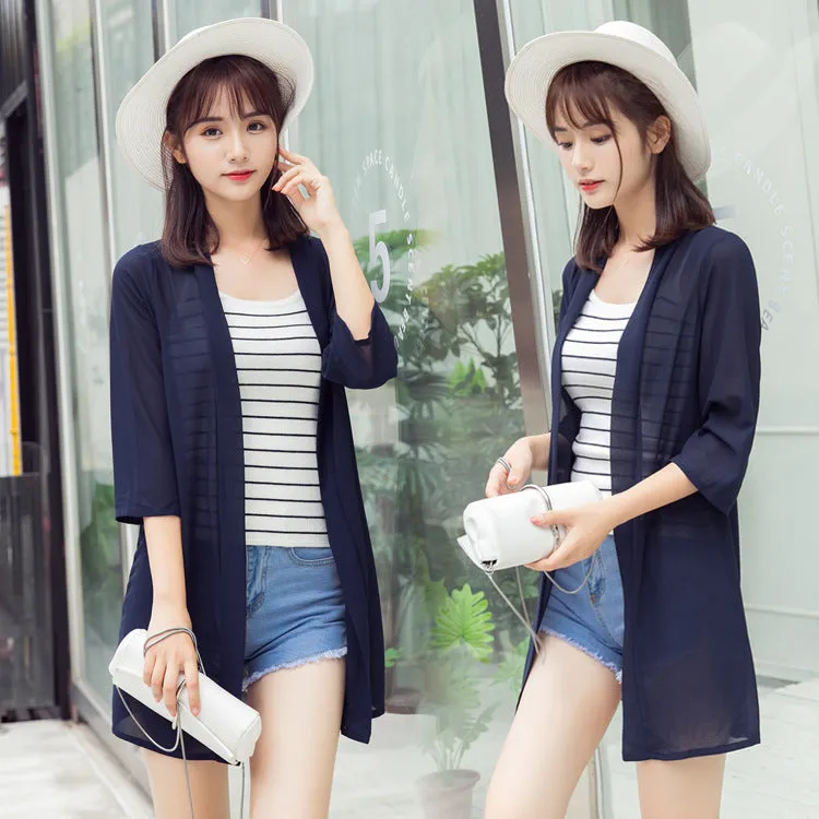 Sunscreen Women Summer Korean Solid Colored Chiffon Mid-Length Thin Short Tops Cardigan