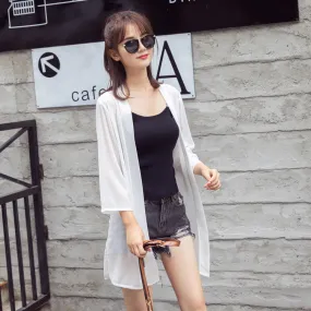 Sunscreen Women Summer Korean Solid Colored Chiffon Mid-Length Thin Short Tops Cardigan