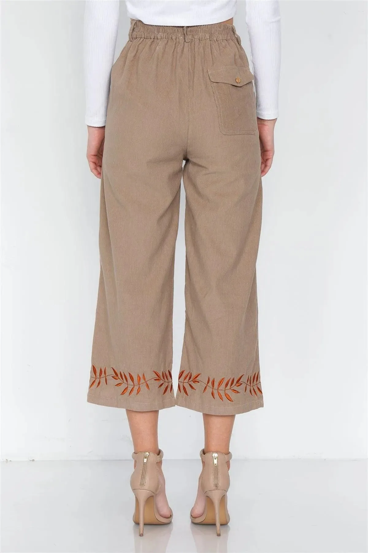 Taupe Ankle Length Boho Print Cotton Corduroy Gaucho Pants /3-2-1