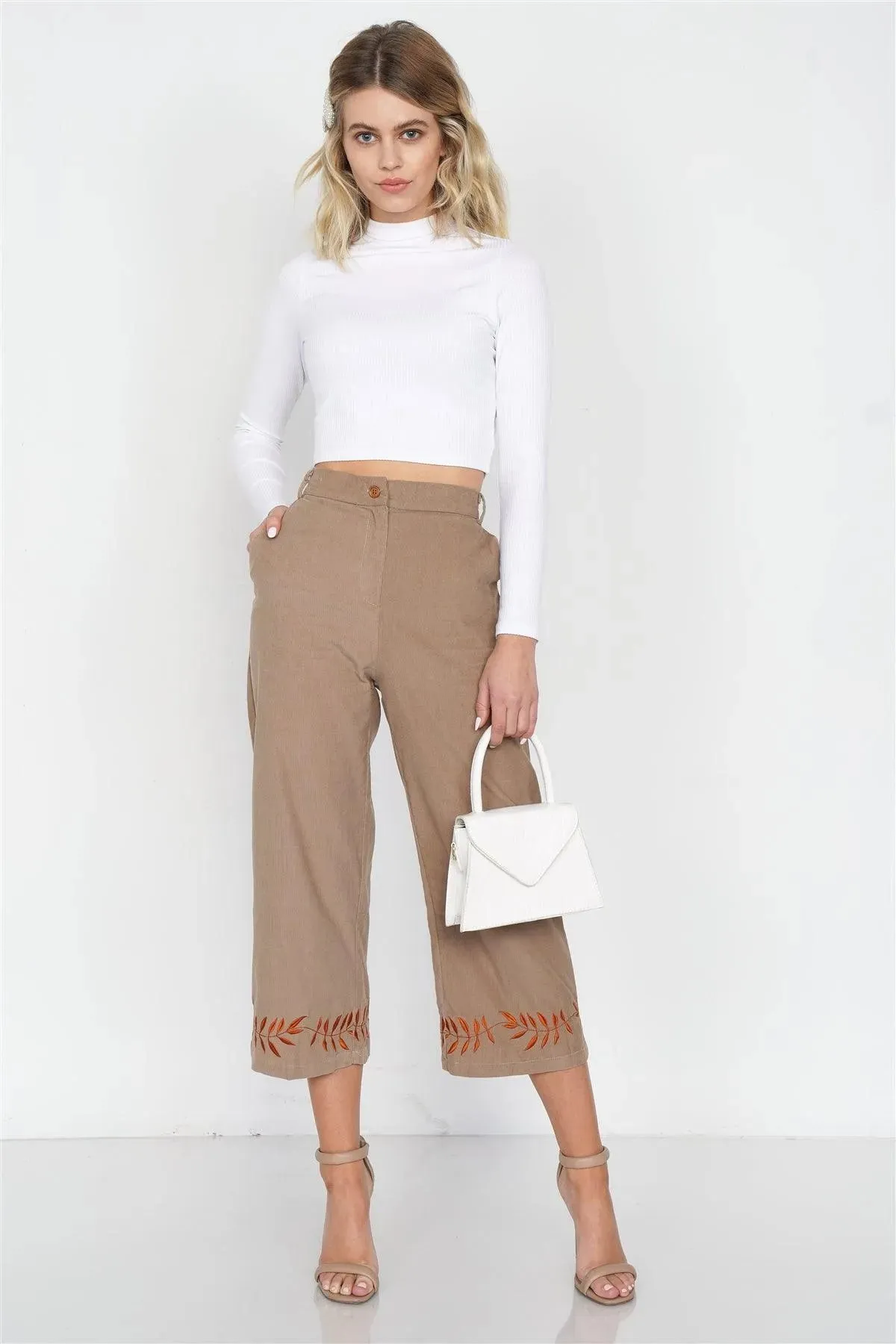 Taupe Ankle Length Boho Print Cotton Corduroy Gaucho Pants /3-2-1