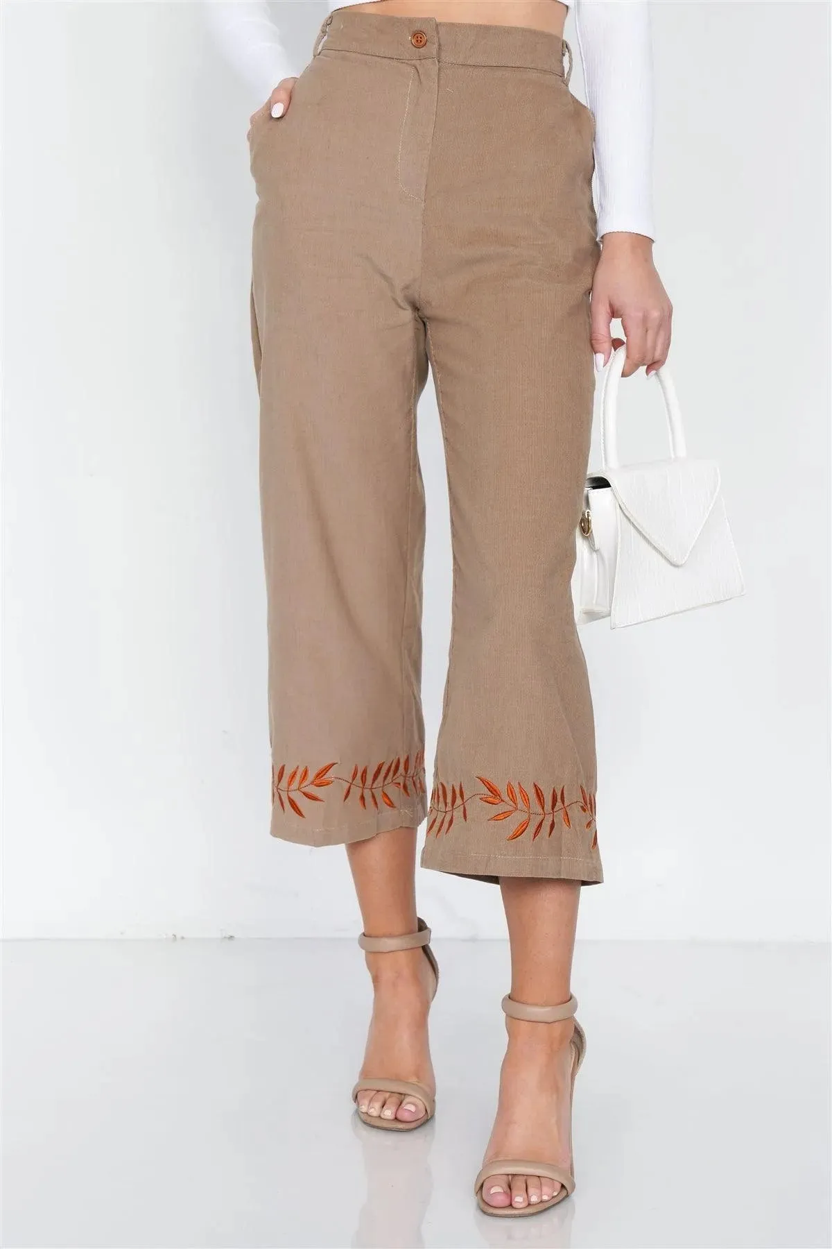 Taupe Ankle Length Boho Print Cotton Corduroy Gaucho Pants /3-2-1