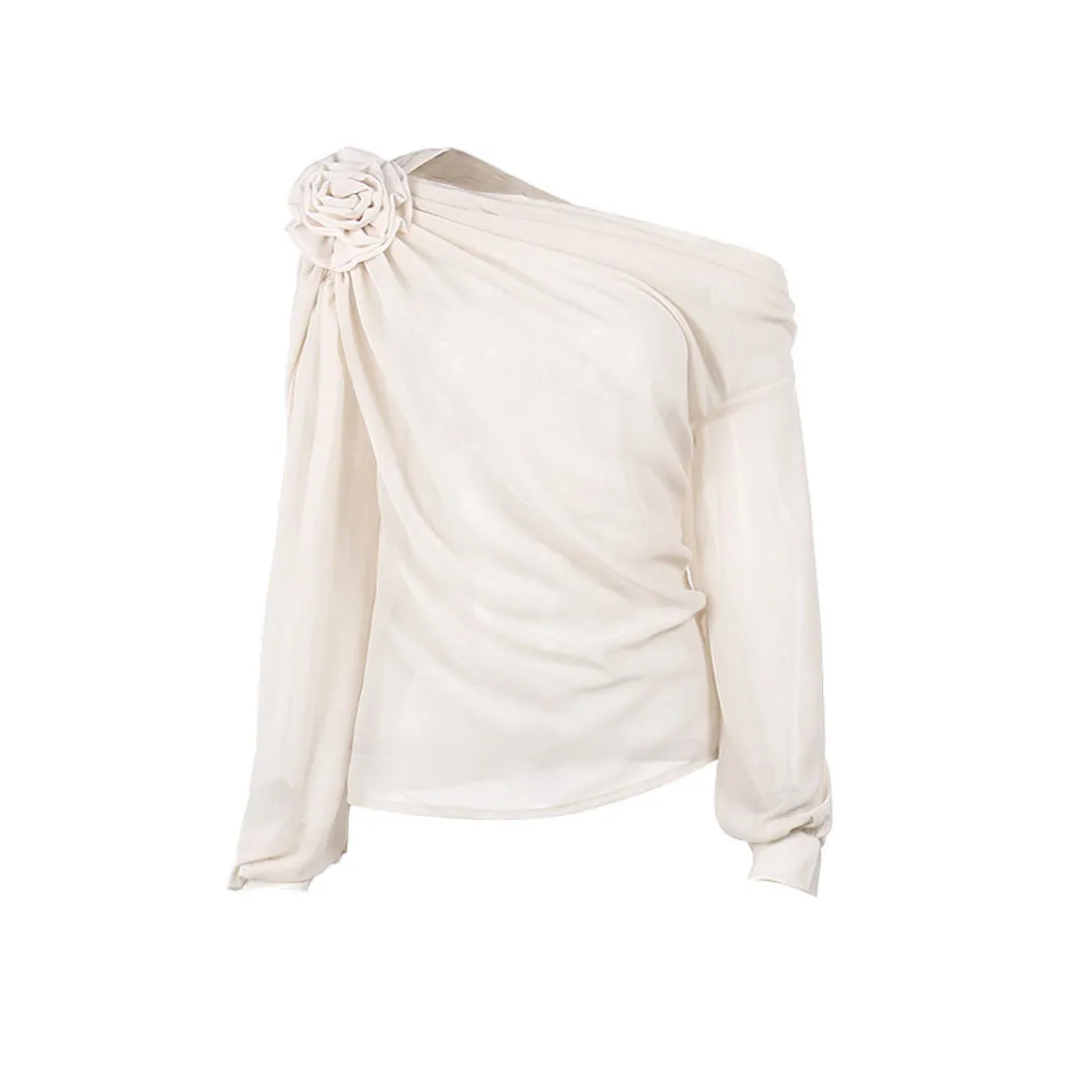 Unique One Shoulder Long Sleeve Chiffon Ruched Rosette Applique Blouse