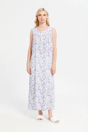 White Sleeveless Printed Nightgown