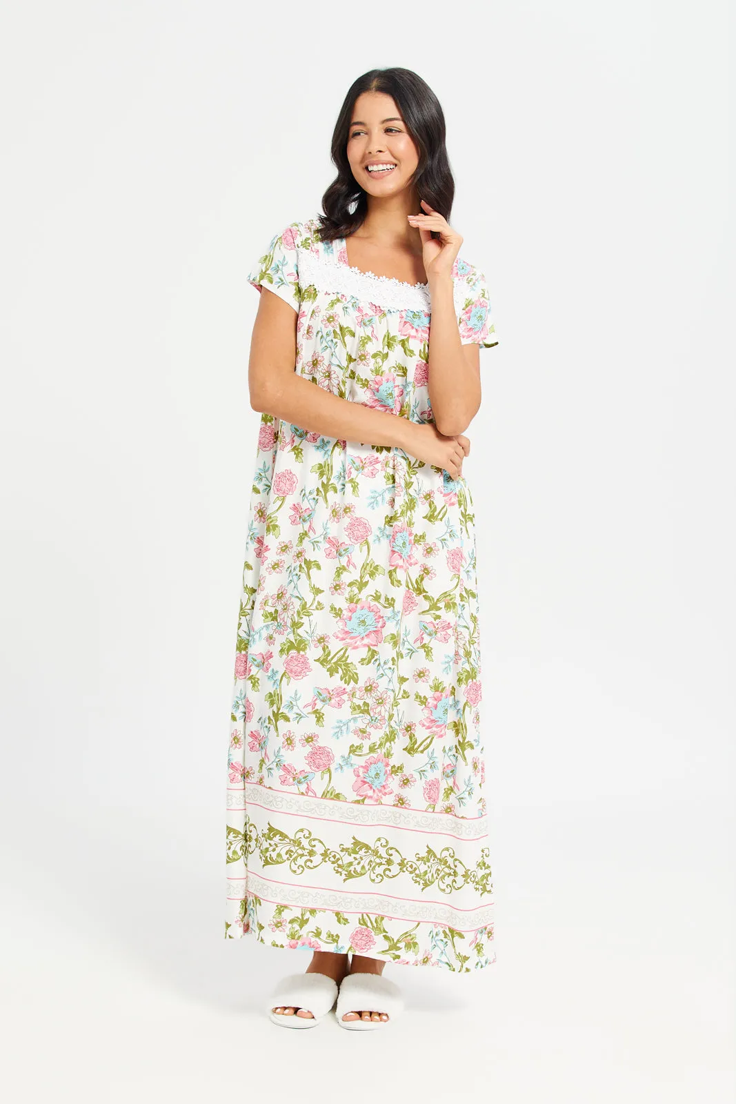 Women Ivory Printed Lace Nightgown