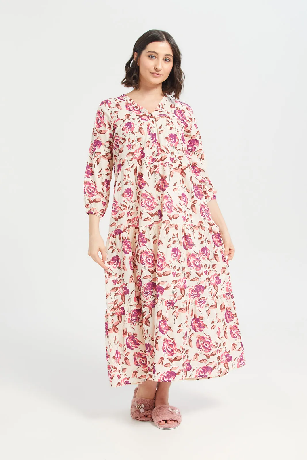 Women White And Pink Floral Print Nightgown