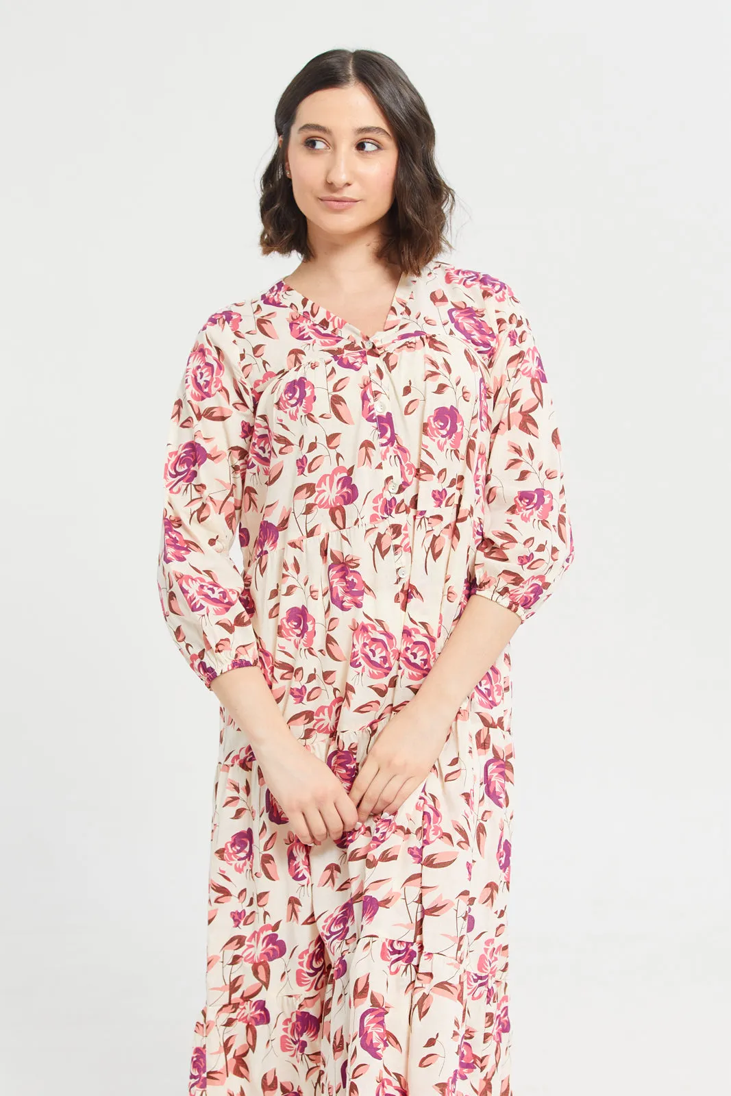 Women White And Pink Floral Print Nightgown