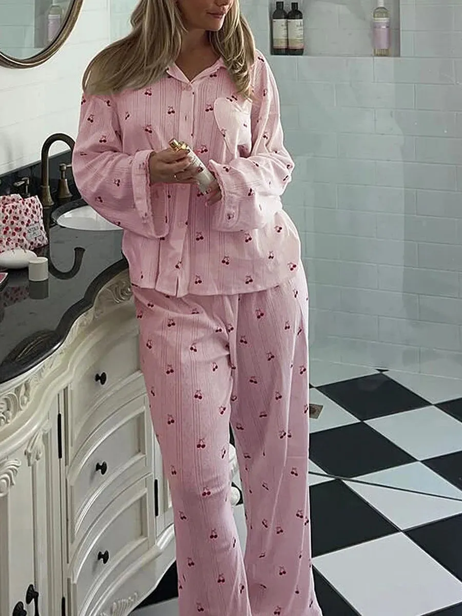 Women's Cherry Print Long Sleeve Pajamas Shirt and Pants Sleepwear