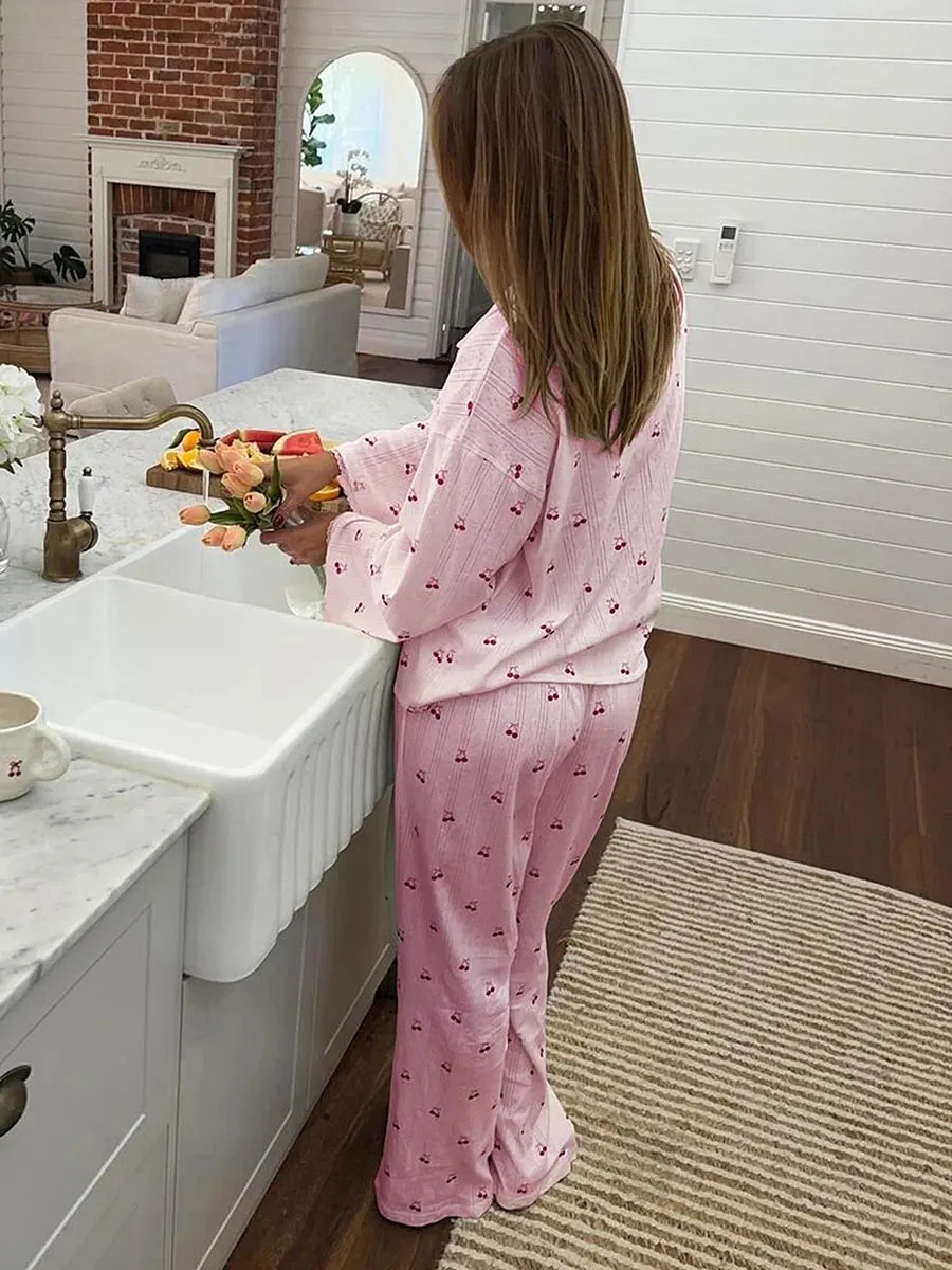 Women's Cherry Print Long Sleeve Pajamas Shirt and Pants Sleepwear