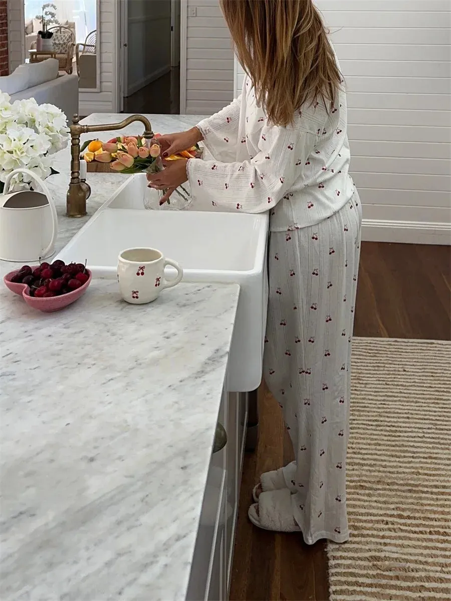 Women's Cherry Print Long Sleeve Pajamas Shirt and Pants Sleepwear