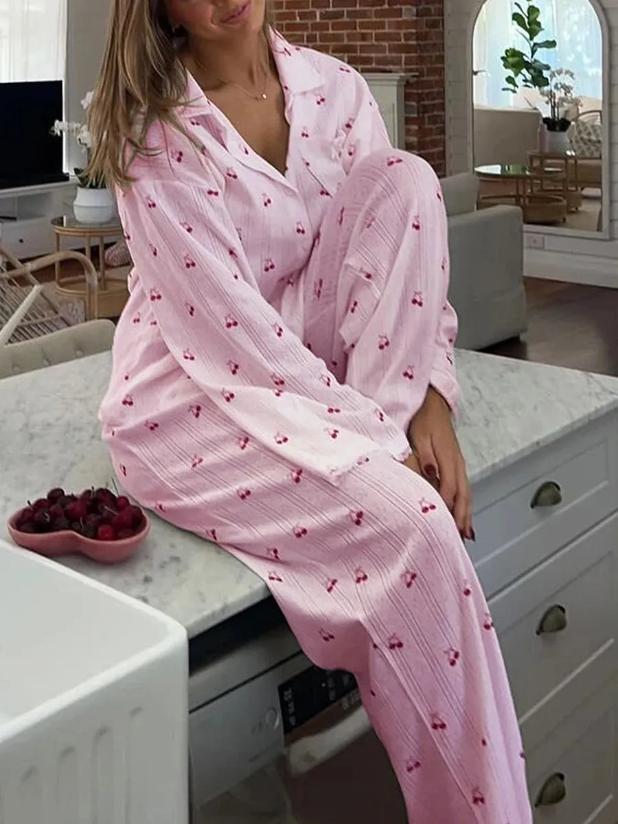 Women's Cherry Print Long Sleeve Pajamas Shirt and Pants Sleepwear