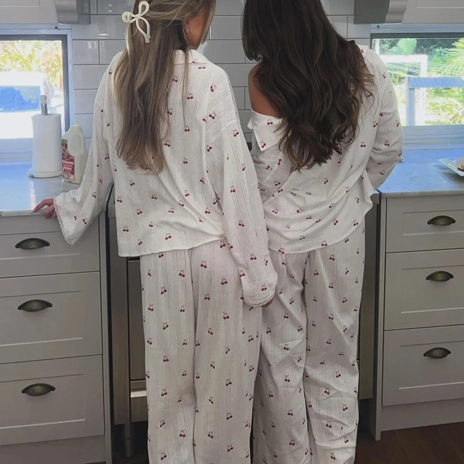 Women's Cherry Print Long Sleeve Pajamas Shirt and Pants Sleepwear