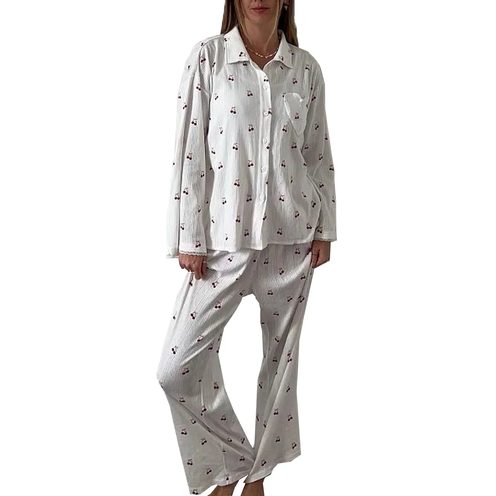 Women's Cherry Print Long Sleeve Pajamas Shirt and Pants Sleepwear