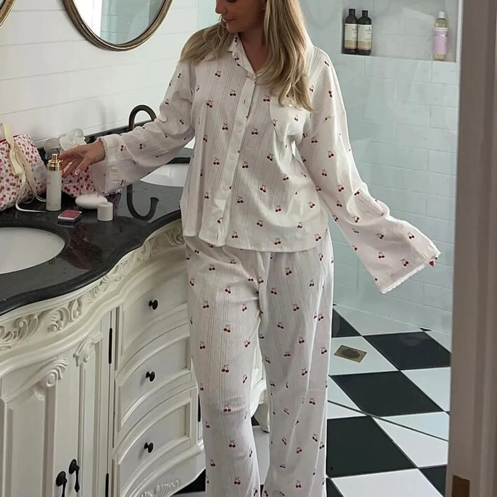 Women's Cherry Print Long Sleeve Pajamas Shirt and Pants Sleepwear