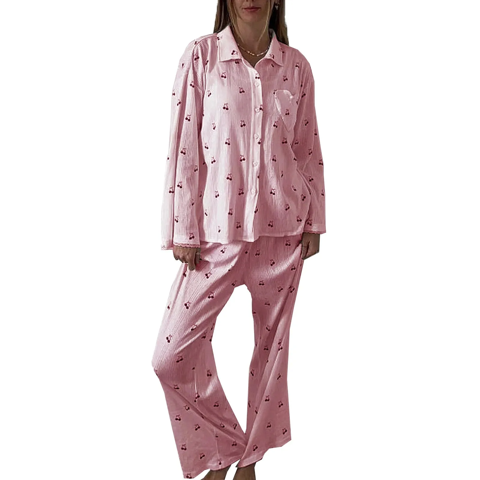 Women's Cherry Print Long Sleeve Pajamas Shirt and Pants Sleepwear