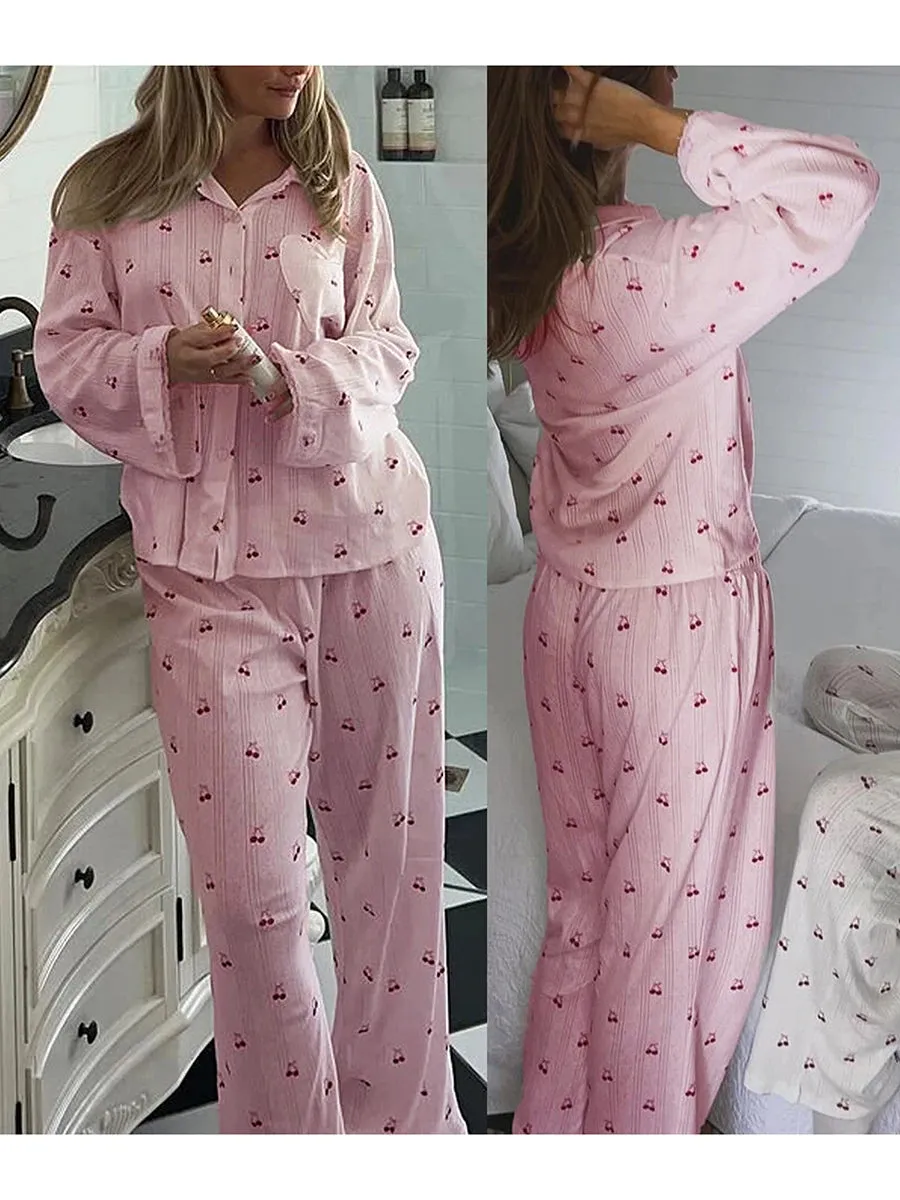 Women's Cherry Print Long Sleeve Pajamas Shirt and Pants Sleepwear