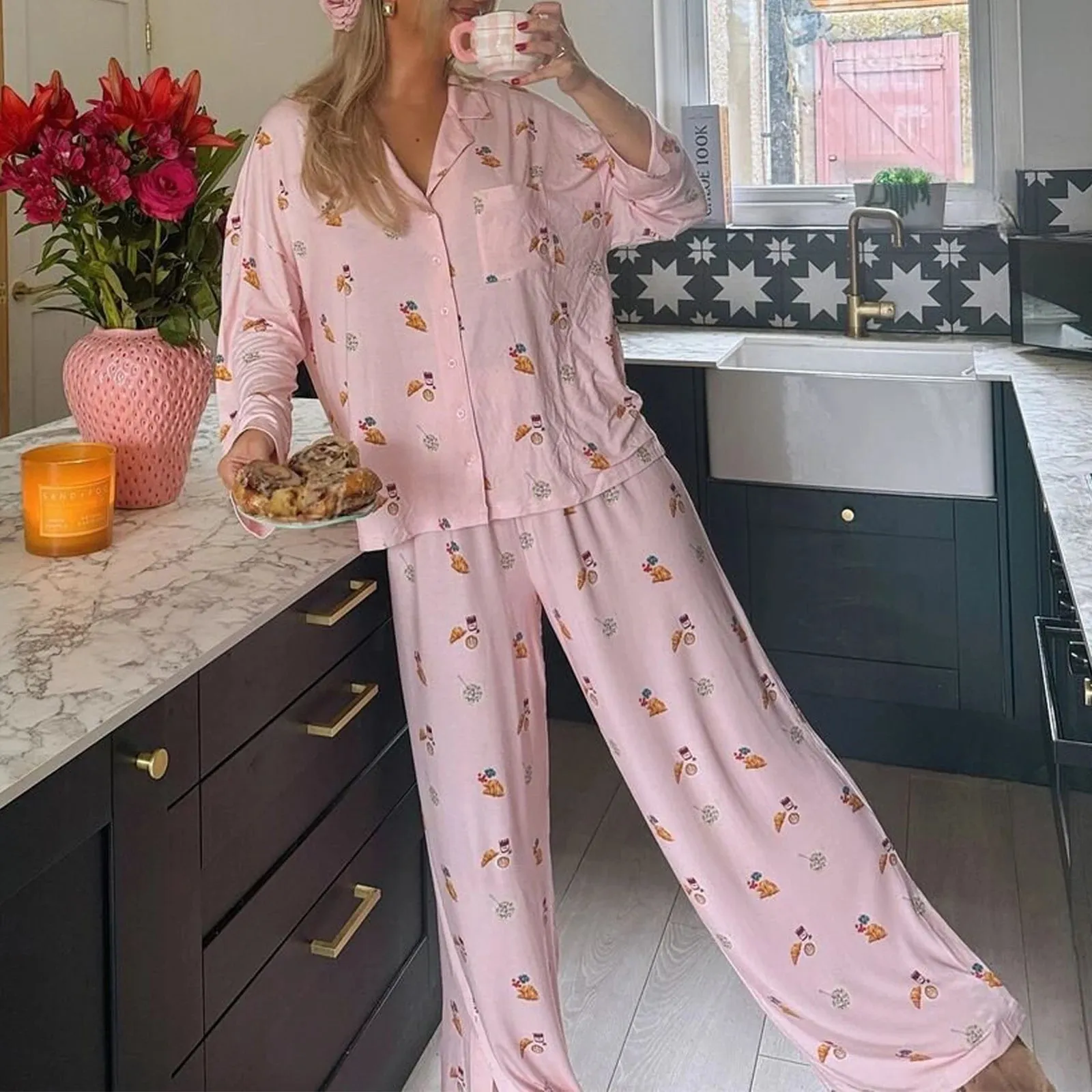 Women's Floral Long Sleeve Loose Pajamas Soft Sleepwear Set