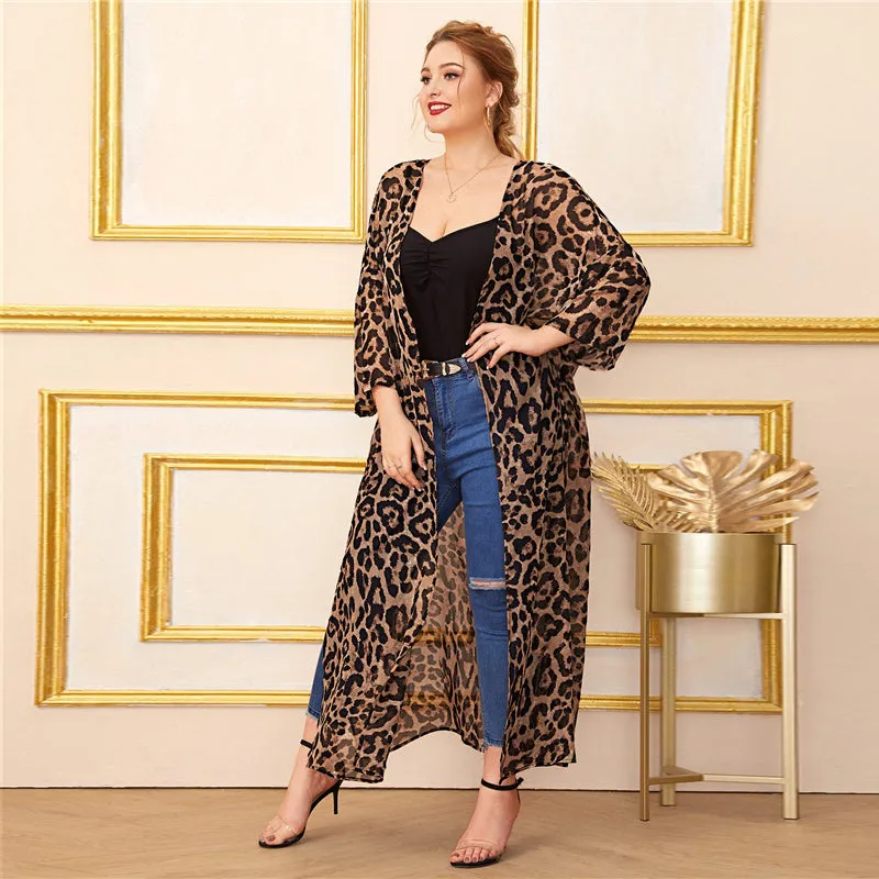 Women's Summer Chiffon Long-Sleeved Leopard Cardigan | Plus Size