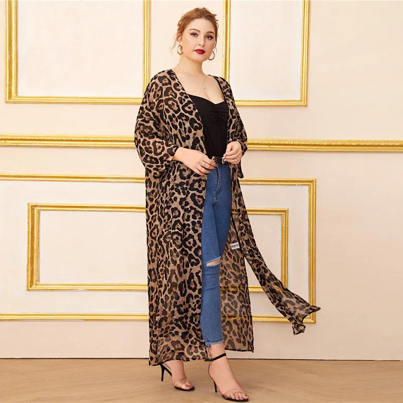 Women's Summer Chiffon Long-Sleeved Leopard Cardigan | Plus Size