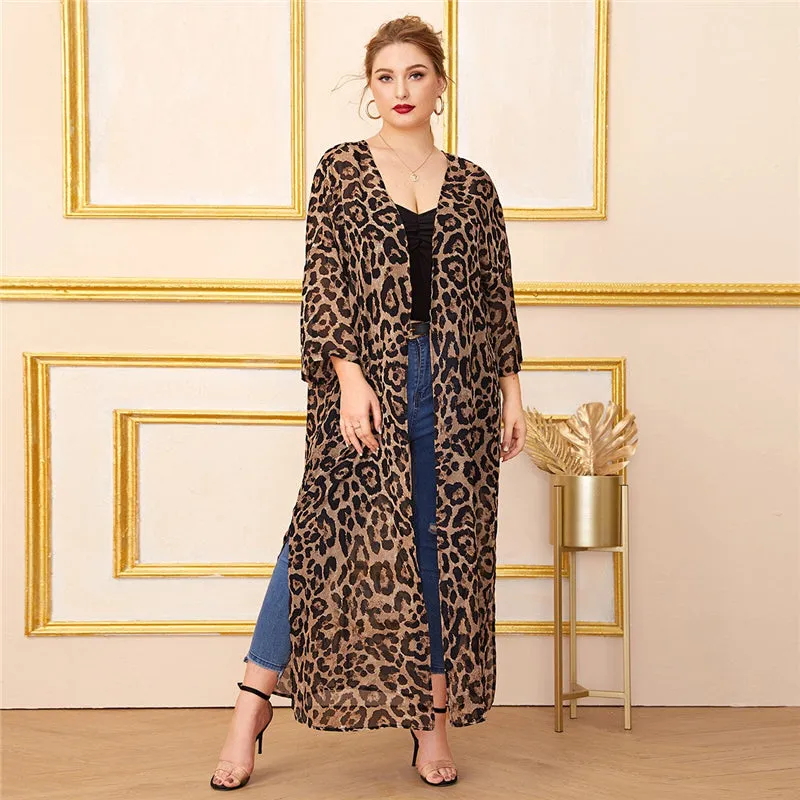 Women's Summer Chiffon Long-Sleeved Leopard Cardigan | Plus Size